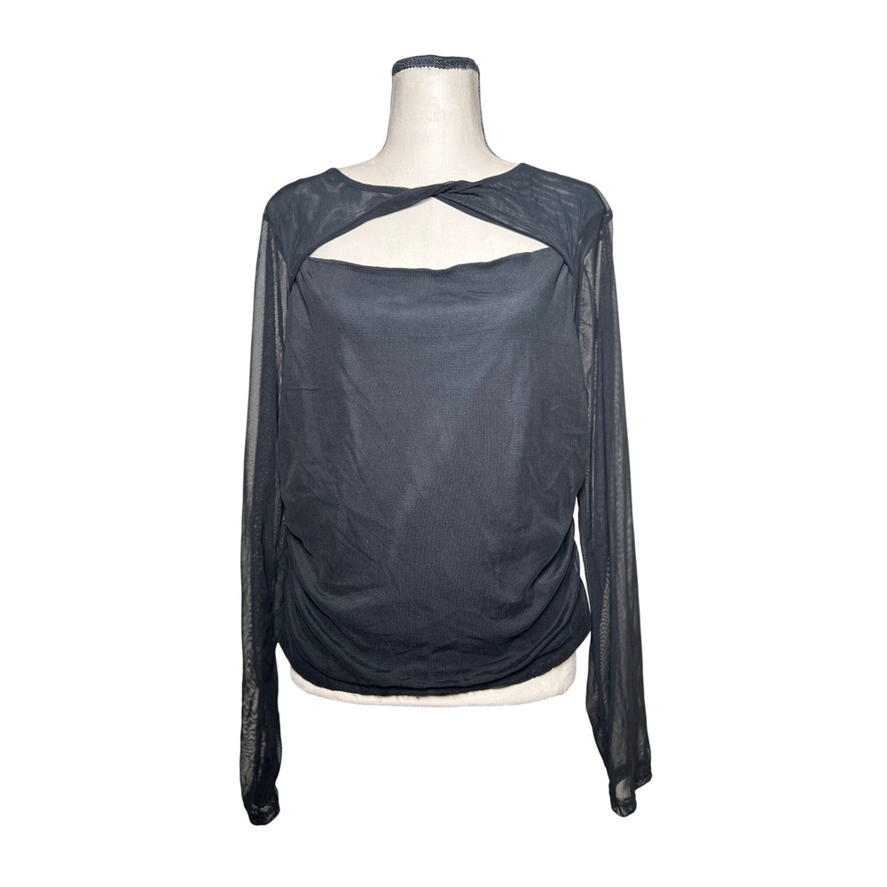 No Comment Black Sheer Mesh Shirt XL Long Sleeve Ruched Cut Out Going Out Top